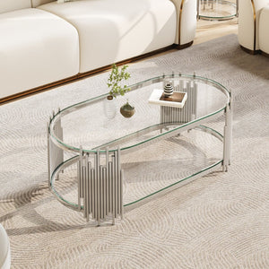 English Elm Luxury Oval Glass Coffee Table Polished Steel Organ Pipe Base Modern Living Room W3456S00066