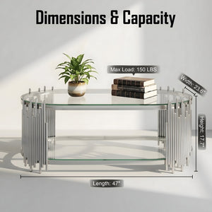 English Elm Luxury Oval Glass Coffee Table Polished Steel Organ Pipe Base Modern Living Room W3456S00066