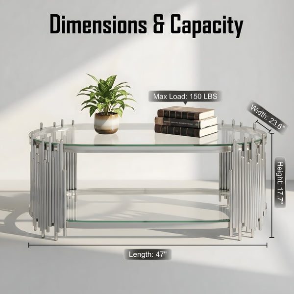 English Elm Luxury Oval Glass Coffee Table Polished Steel Organ Pipe Base Modern Living Room W3456S00066