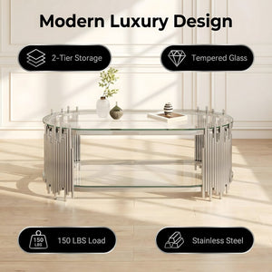 English Elm Luxury Oval Glass Coffee Table Polished Steel Organ Pipe Base Modern Living Room W3456S00066