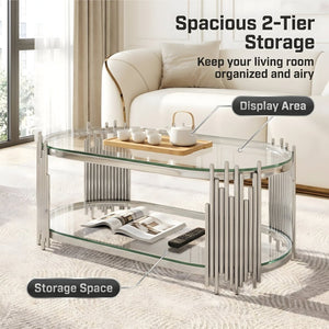 English Elm Luxury Oval Glass Coffee Table Polished Steel Organ Pipe Base Modern Living Room W3456S00066