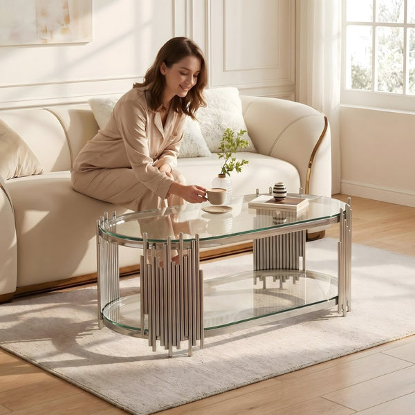 English Elm Luxury Oval Glass Coffee Table Polished Steel Organ Pipe Base Modern Living Room W3456S00066