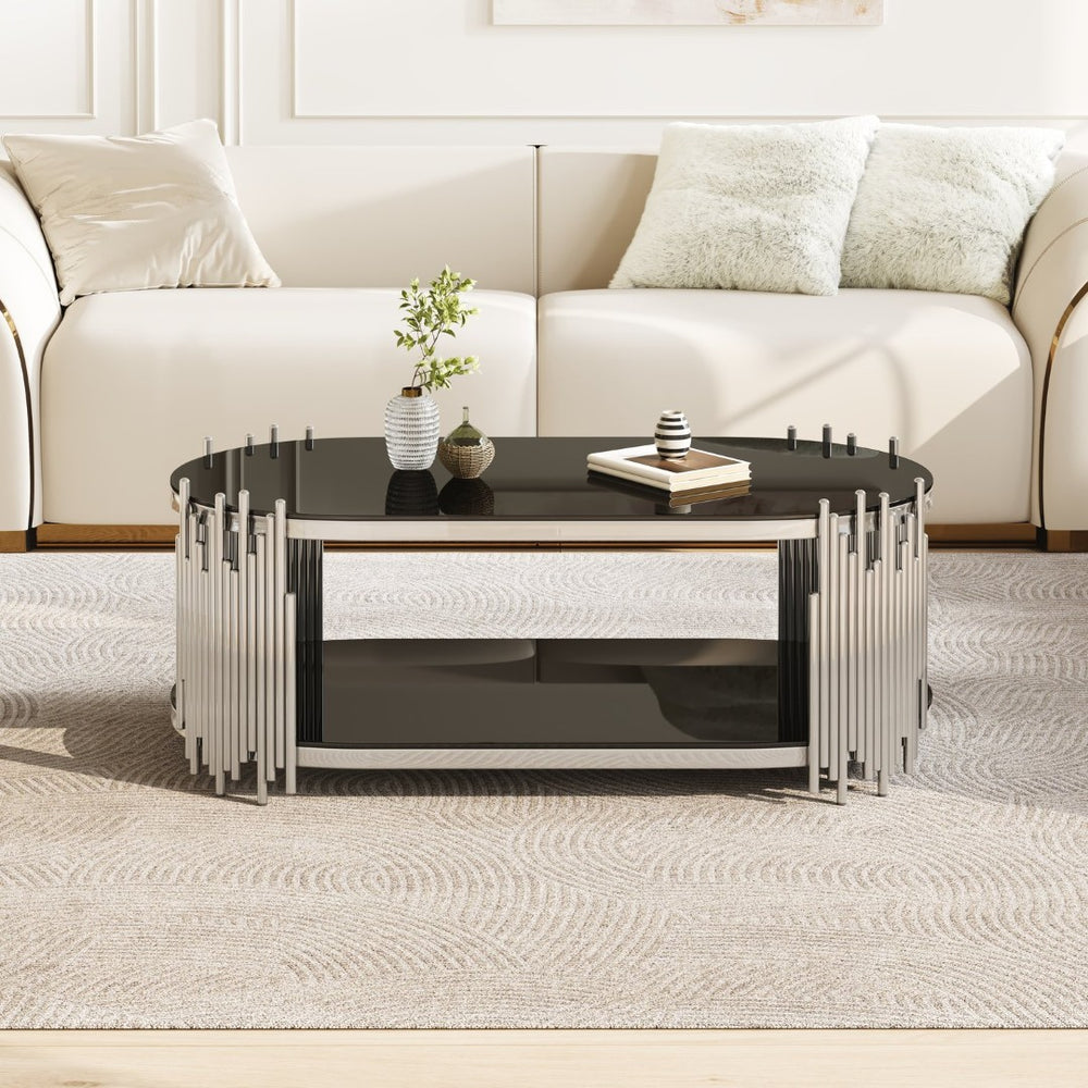 English Elm Luxury Oval Coffee Table Sculptural Stainless Steel Tubes Dual Tempered Glass Shelves W3456S00067