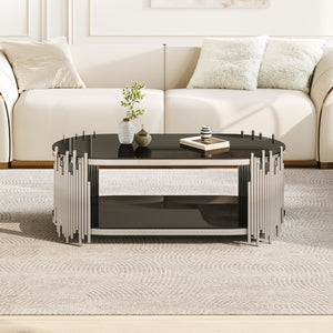 English Elm Luxury Oval Coffee Table Sculptural Stainless Steel Tubes Dual Tempered Glass Shelves W3456S00067