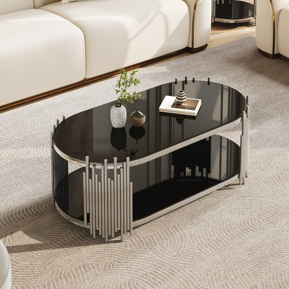 English Elm Luxury Oval Coffee Table Sculptural Stainless Steel Tubes Dual Tempered Glass Shelves W3456S00067