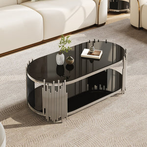English Elm Luxury Oval Coffee Table Sculptural Stainless Steel Tubes Dual Tempered Glass Shelves W3456S00067