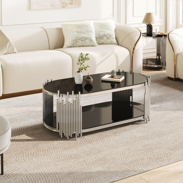 English Elm Luxury Oval Coffee Table Sculptural Stainless Steel Tubes Dual Tempered Glass Shelves W3456S00067
