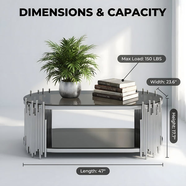 English Elm Luxury Oval Coffee Table Sculptural Stainless Steel Tubes Dual Tempered Glass Shelves W3456S00067