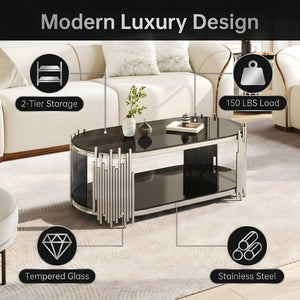 English Elm Luxury Oval Coffee Table Sculptural Stainless Steel Tubes Dual Tempered Glass Shelves W3456S00067