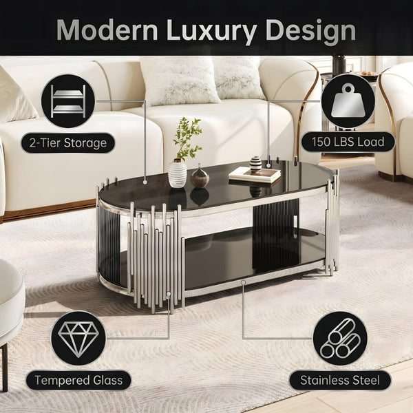 English Elm Luxury Oval Coffee Table Sculptural Stainless Steel Tubes Dual Tempered Glass Shelves W3456S00067