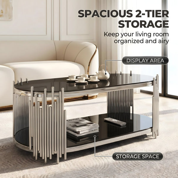 English Elm Luxury Oval Coffee Table Sculptural Stainless Steel Tubes Dual Tempered Glass Shelves W3456S00067