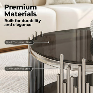 English Elm Luxury Oval Coffee Table Sculptural Stainless Steel Tubes Dual Tempered Glass Shelves W3456S00067