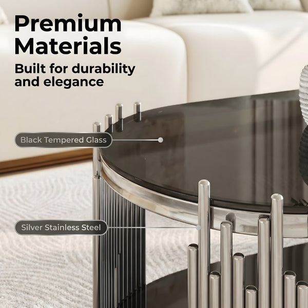 English Elm Luxury Oval Coffee Table Sculptural Stainless Steel Tubes Dual Tempered Glass Shelves W3456S00067