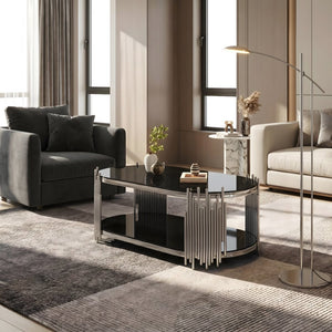 English Elm Luxury Oval Coffee Table Sculptural Stainless Steel Tubes Dual Tempered Glass Shelves W3456S00067