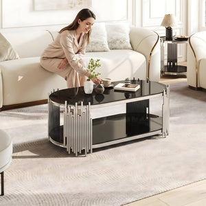 English Elm Luxury Oval Coffee Table Sculptural Stainless Steel Tubes Dual Tempered Glass Shelves W3456S00067