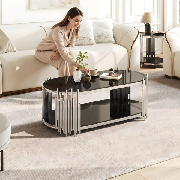 English Elm Luxury Oval Coffee Table Sculptural Stainless Steel Tubes Dual Tempered Glass Shelves W3456S00067