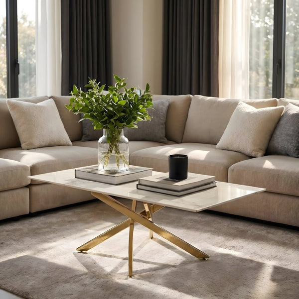 English Elm Faux Marble Tempered Glass Coffee Table with Gleaming Frame for Glam Living Rooms Gold+White W3456S00068