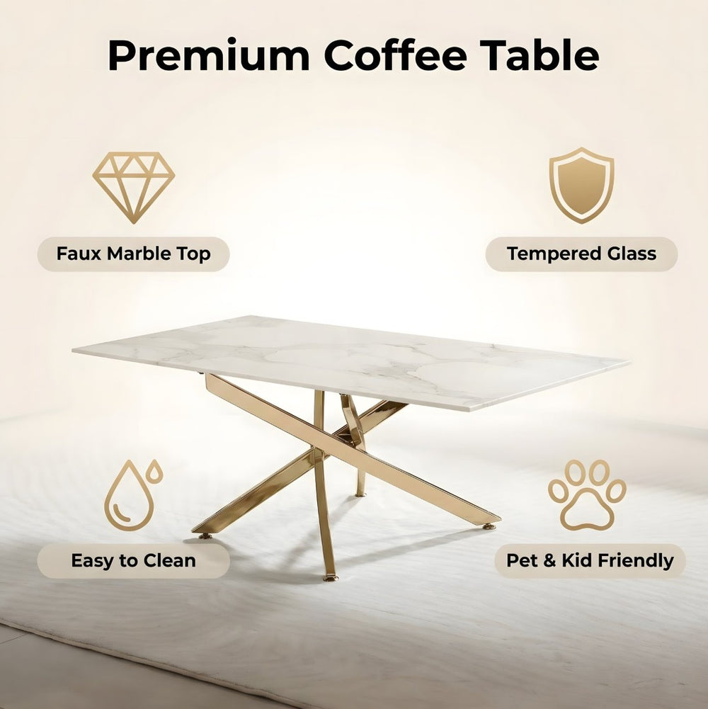 English Elm Faux Marble Tempered Glass Coffee Table with Gleaming Frame for Glam Living Rooms Gold+White W3456S00068