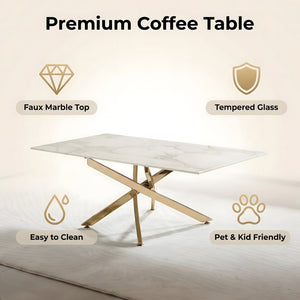 English Elm Faux Marble Tempered Glass Coffee Table with Gleaming Frame for Glam Living Rooms Gold+White W3456S00068