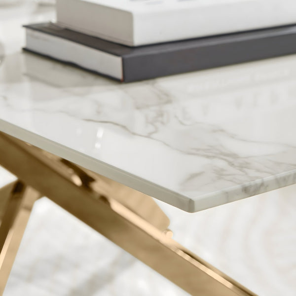 English Elm Faux Marble Tempered Glass Coffee Table with Gleaming Frame for Glam Living Rooms Gold+White W3456S00068