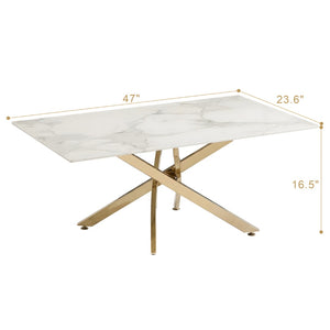 English Elm Faux Marble Tempered Glass Coffee Table with Gleaming Frame for Glam Living Rooms Gold+White W3456S00068