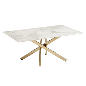 English Elm Faux Marble Tempered Glass Coffee Table with Gleaming Frame for Glam Living Rooms Gold+White W3456S00068