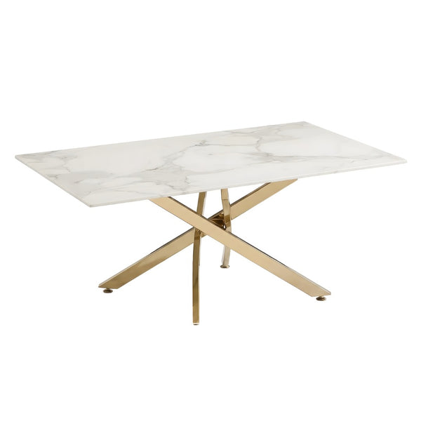 English Elm Faux Marble Tempered Glass Coffee Table with Gleaming Frame for Glam Living Rooms Gold+White W3456S00068