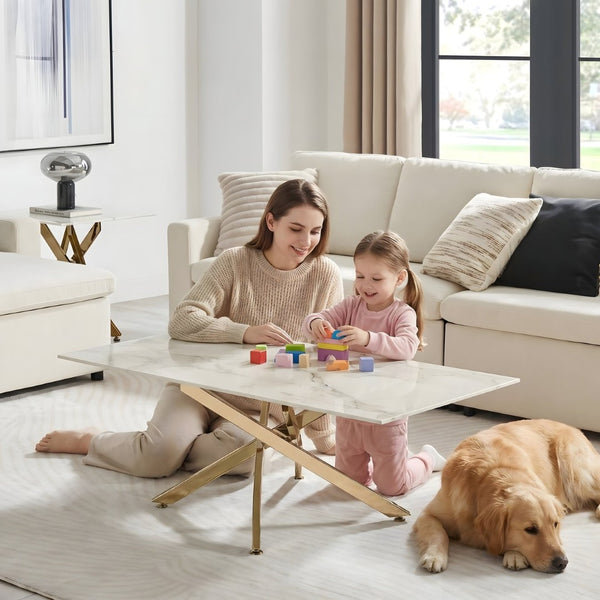 English Elm Faux Marble Tempered Glass Coffee Table with Gleaming Frame for Glam Living Rooms Gold+White W3456S00068