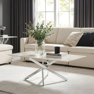 English Elm Faux Marble Tempered Glass Coffee Table with Gleaming Frame for Glam Living Rooms Silver+White W3456S00069