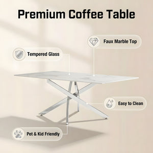 English Elm Faux Marble Tempered Glass Coffee Table with Gleaming Frame for Glam Living Rooms Silver+White W3456S00069