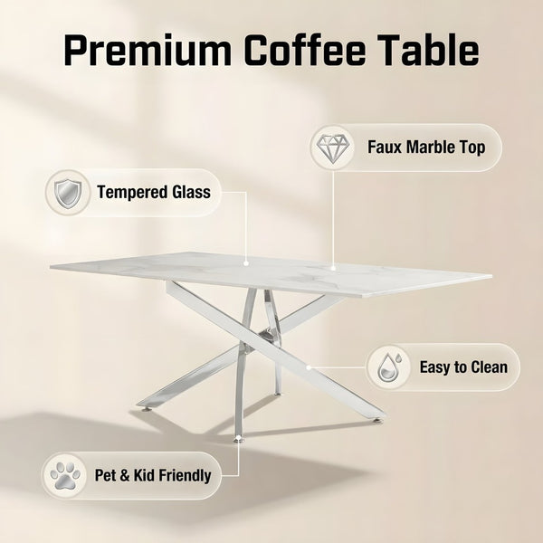 English Elm Faux Marble Tempered Glass Coffee Table with Gleaming Frame for Glam Living Rooms Silver+White W3456S00069