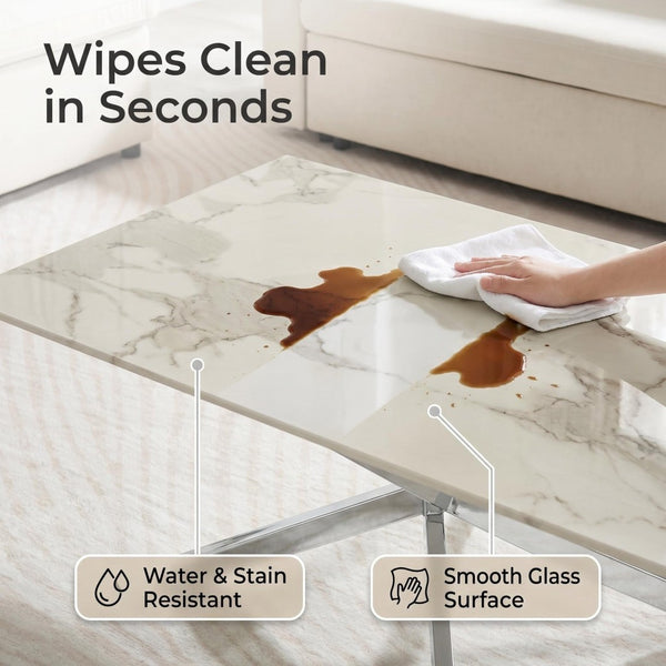 English Elm Faux Marble Tempered Glass Coffee Table with Gleaming Frame for Glam Living Rooms Silver+White W3456S00069