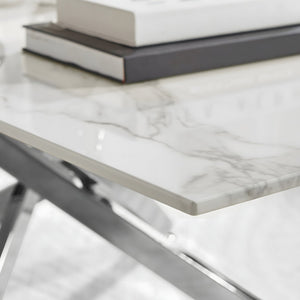 English Elm Faux Marble Tempered Glass Coffee Table with Gleaming Frame for Glam Living Rooms Silver+White W3456S00069