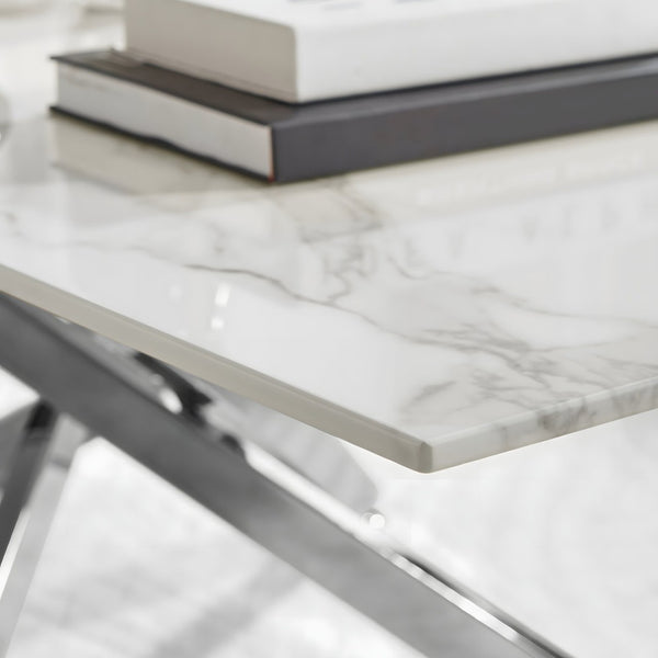 English Elm Faux Marble Tempered Glass Coffee Table with Gleaming Frame for Glam Living Rooms Silver+White W3456S00069