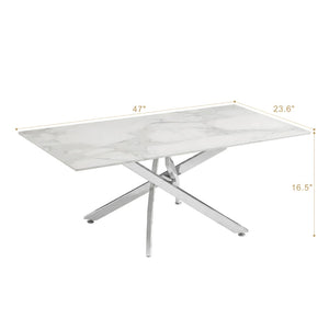 English Elm Faux Marble Tempered Glass Coffee Table with Gleaming Frame for Glam Living Rooms Silver+White W3456S00069