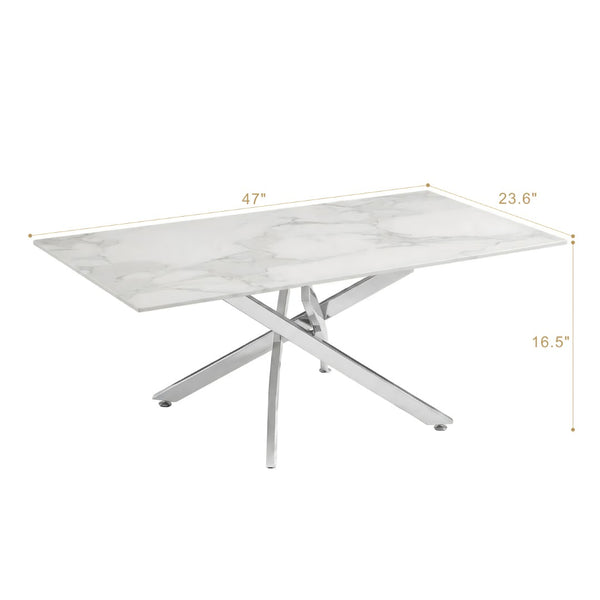 English Elm Faux Marble Tempered Glass Coffee Table with Gleaming Frame for Glam Living Rooms Silver+White W3456S00069