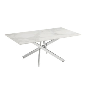 English Elm Faux Marble Tempered Glass Coffee Table with Gleaming Frame for Glam Living Rooms Silver+White W3456S00069