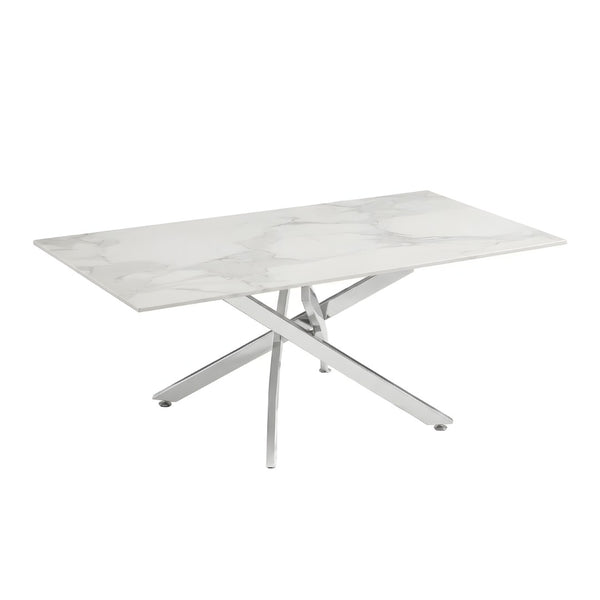 English Elm Faux Marble Tempered Glass Coffee Table with Gleaming Frame for Glam Living Rooms Silver+White W3456S00069