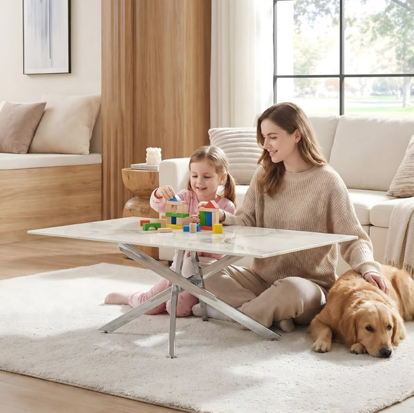 English Elm Faux Marble Tempered Glass Coffee Table with Gleaming Frame for Glam Living Rooms Silver+White W3456S00069