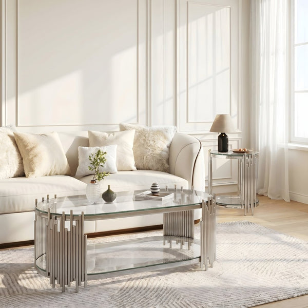 English Elm Modern Oval Tempered Glass Nesting Tables with Sculptural Chrome Rod Base for Living Room Silver W3456S00070