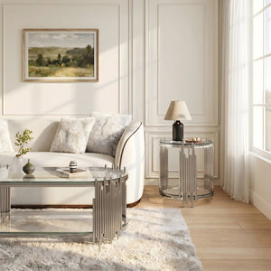 English Elm Modern Oval Tempered Glass Nesting Tables with Sculptural Chrome Rod Base for Living Room Silver W3456S00070