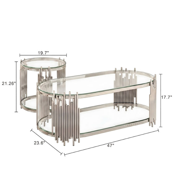 English Elm Modern Oval Tempered Glass Nesting Tables with Sculptural Chrome Rod Base for Living Room Silver W3456S00070