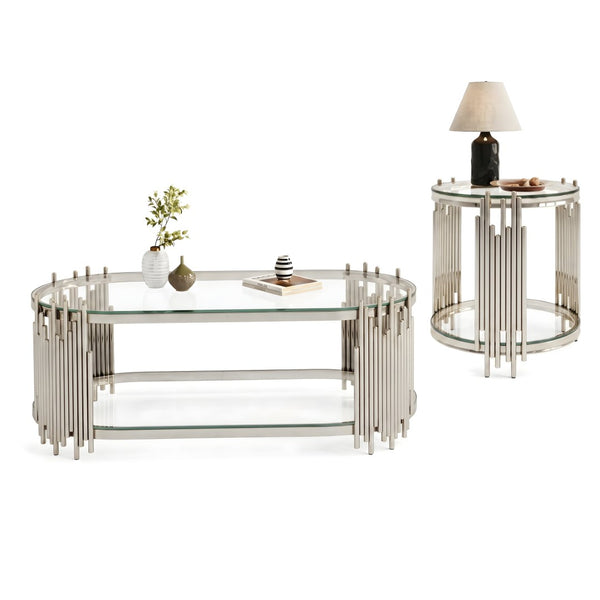 English Elm Modern Oval Tempered Glass Nesting Tables with Sculptural Chrome Rod Base for Living Room Silver W3456S00070