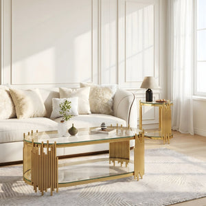 English Elm Modern Oval Tempered Glass Nesting Tables with Sculptural Chrome Rod Base for Living Room Gold W3456S00071