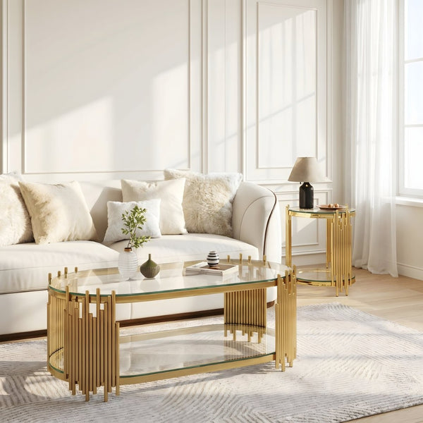 English Elm Modern Oval Tempered Glass Nesting Tables with Sculptural Chrome Rod Base for Living Room Gold W3456S00071
