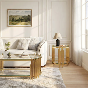 English Elm Modern Oval Tempered Glass Nesting Tables with Sculptural Chrome Rod Base for Living Room Gold W3456S00071