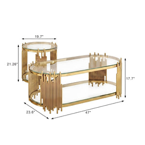 English Elm Modern Oval Tempered Glass Nesting Tables with Sculptural Chrome Rod Base for Living Room Gold W3456S00071