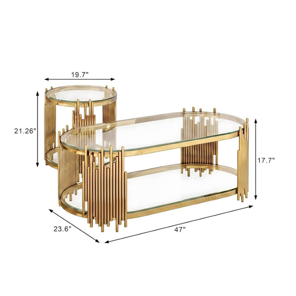 English Elm Modern Oval Tempered Glass Nesting Tables with Sculptural Chrome Rod Base for Living Room Gold W3456S00071