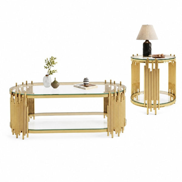 English Elm Modern Oval Tempered Glass Nesting Tables with Sculptural Chrome Rod Base for Living Room Gold W3456S00071