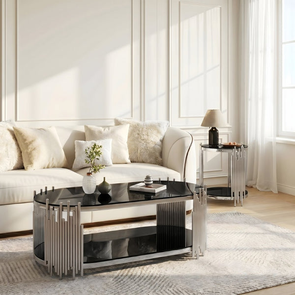 English Elm Modern Oval Tempered Glass Nesting Tables with Sculptural Chrome Rod Base for Living Room Black+Silver W3456S00072